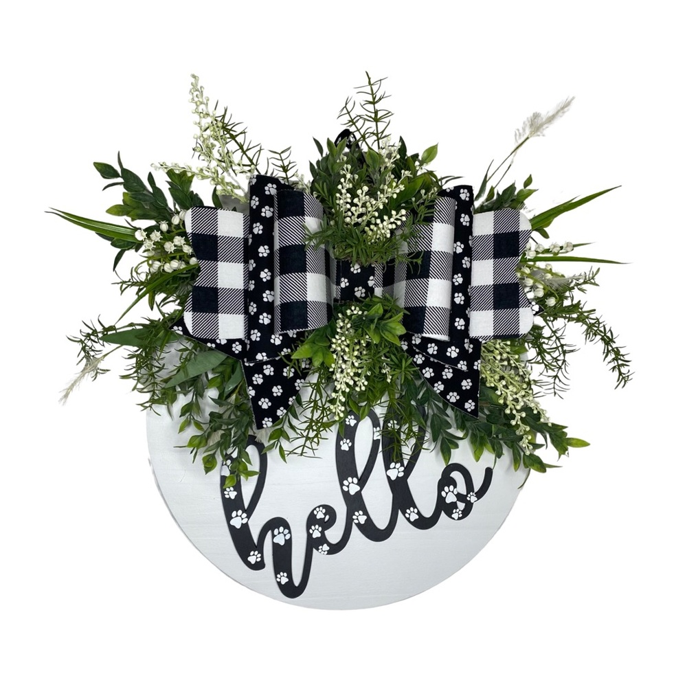 🐶SOLD🐶Black and White Dog Paw, Wooden Door Hanger, Hello Wooden Round